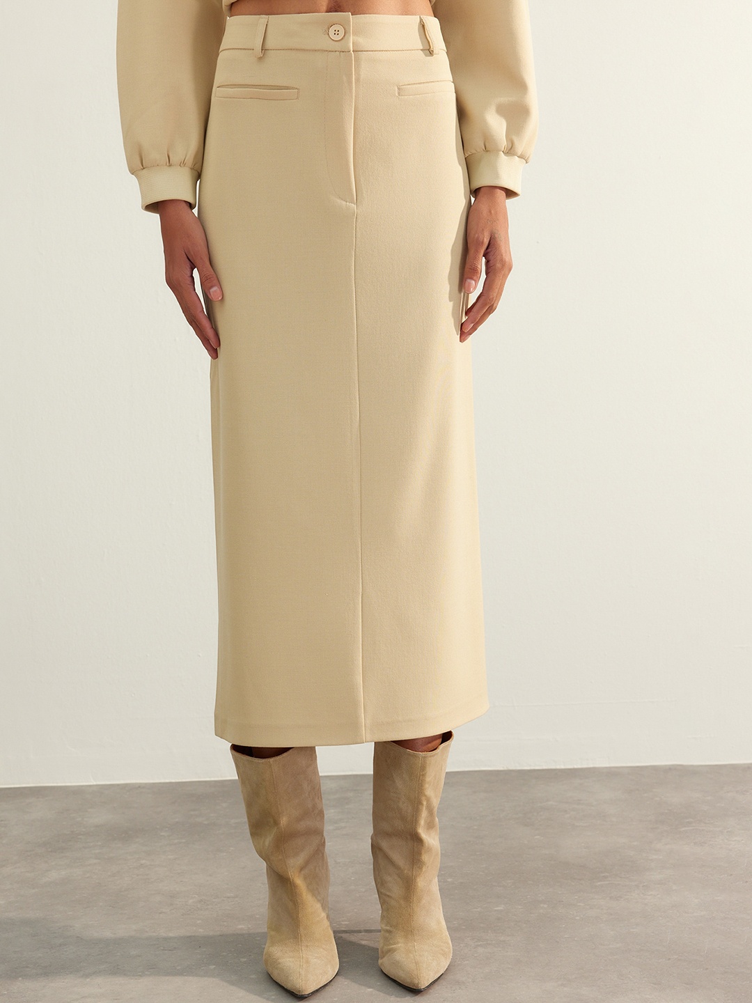 

Trendyol Side Slit Straight Midi Skirt, Beige