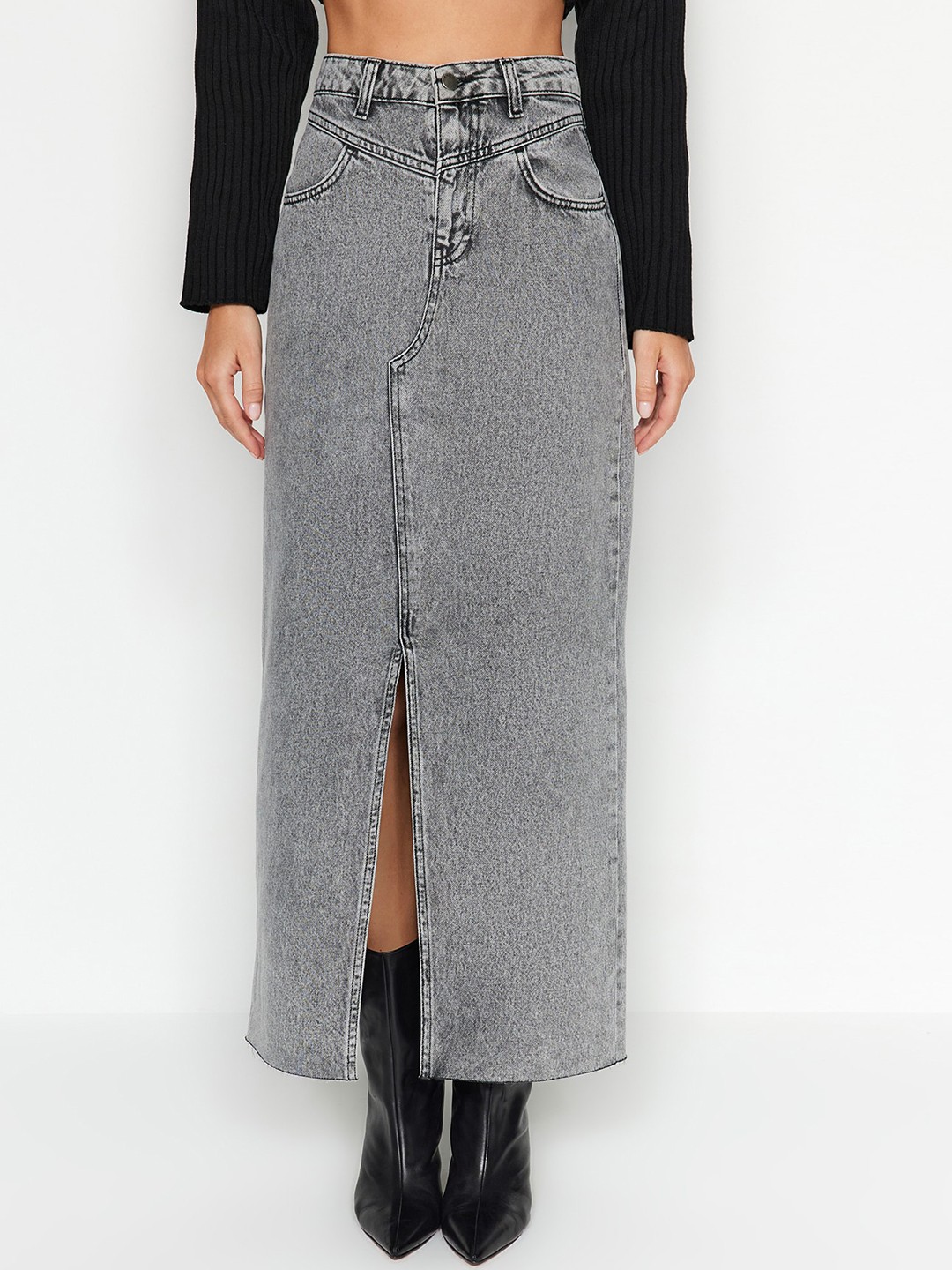 

Trendyol Pure Cotton Straight Maxi Skirt, Grey