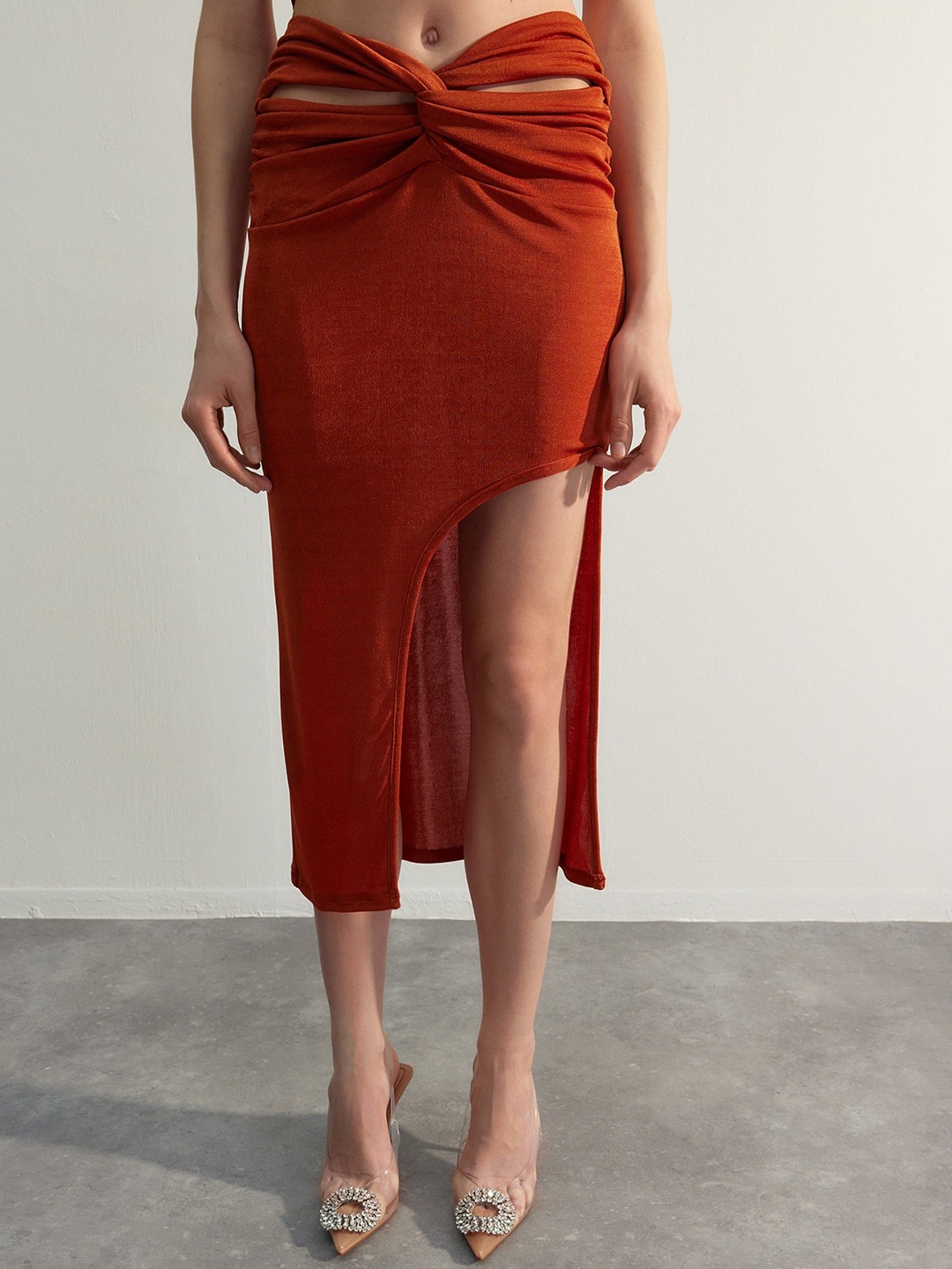 

Trendyol Straight Front Slit Detail Midi Skirts, Brown