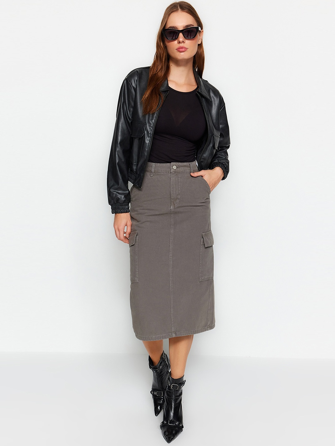 

Trendyol Pure Cotton Straight Midi Skirt, Grey