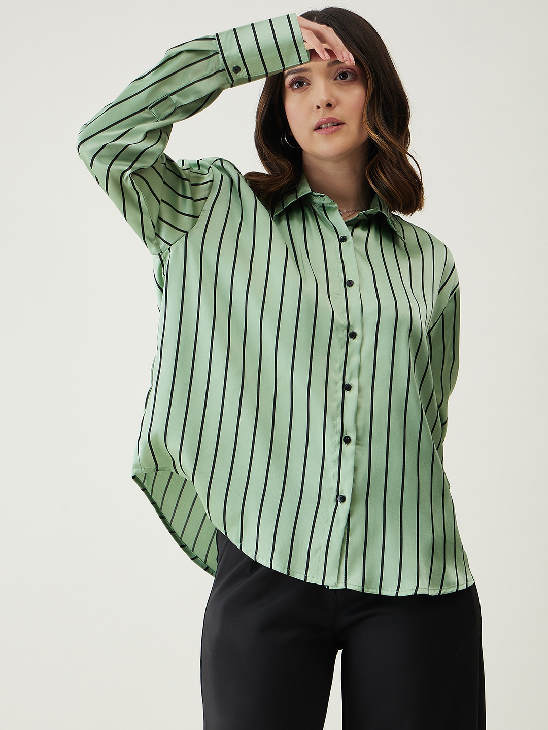 

JUNE & HARRY Laura Satin Comfort Opaque Striped Shirt, Green