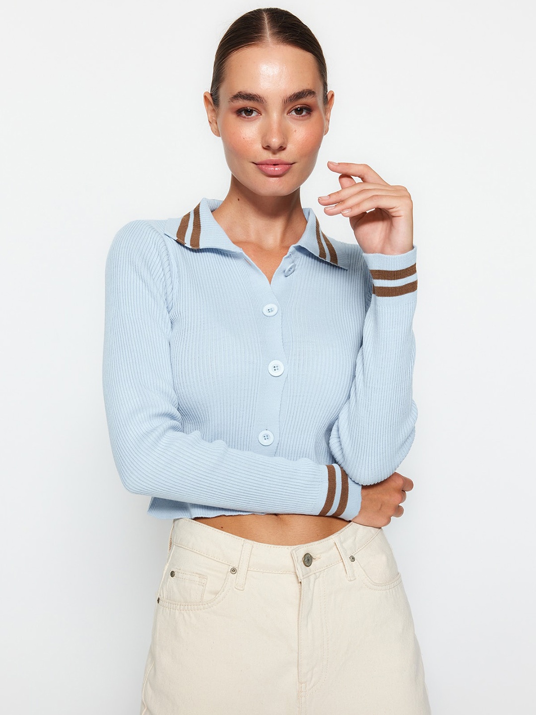 

Trendyol Striped Shirt Collar Acrylic Crop Cardigan Sweater, Blue