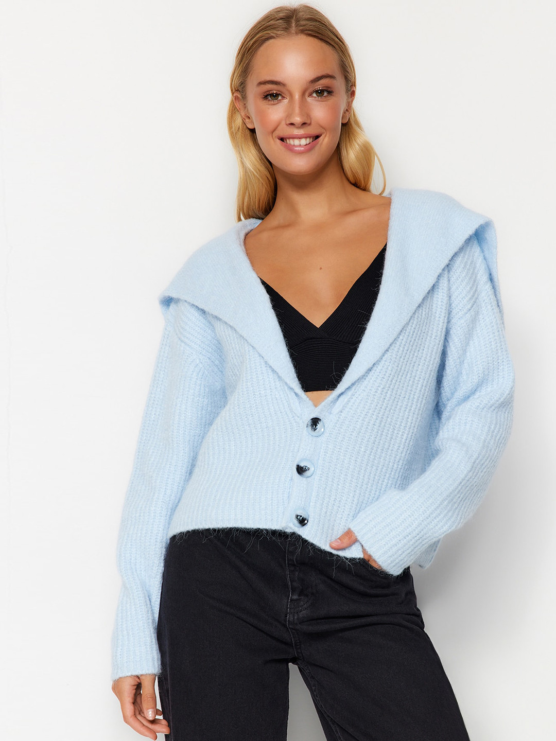 

Trendyol Shawl Collar Open Knit Cardigan, Blue