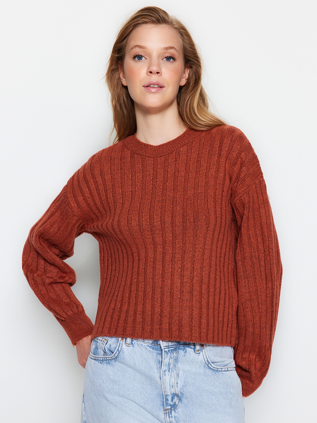 

Trendyol Ribbed V-Neck Pullover, Brown