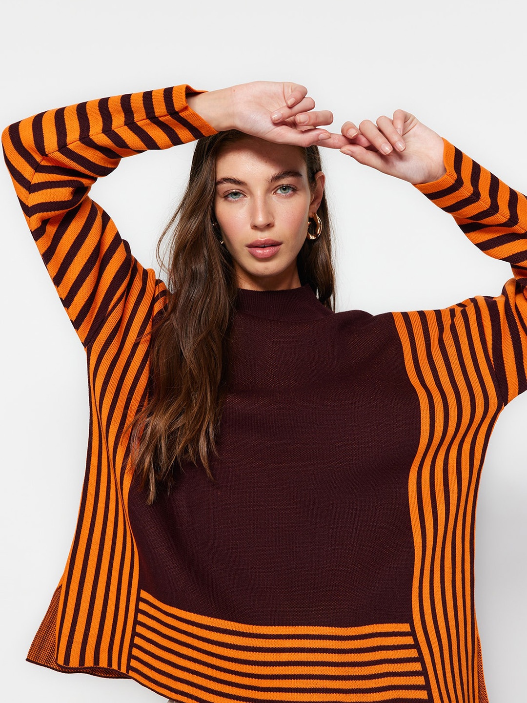 

Trendyol Striped Drop Shoulder Sleeves Acrylic Pullover, Brown