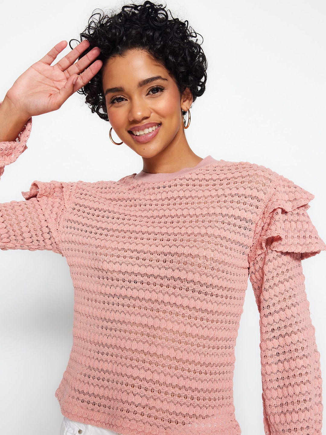 

Trendyol Open Knit Self Design Pullover Sweater, Pink