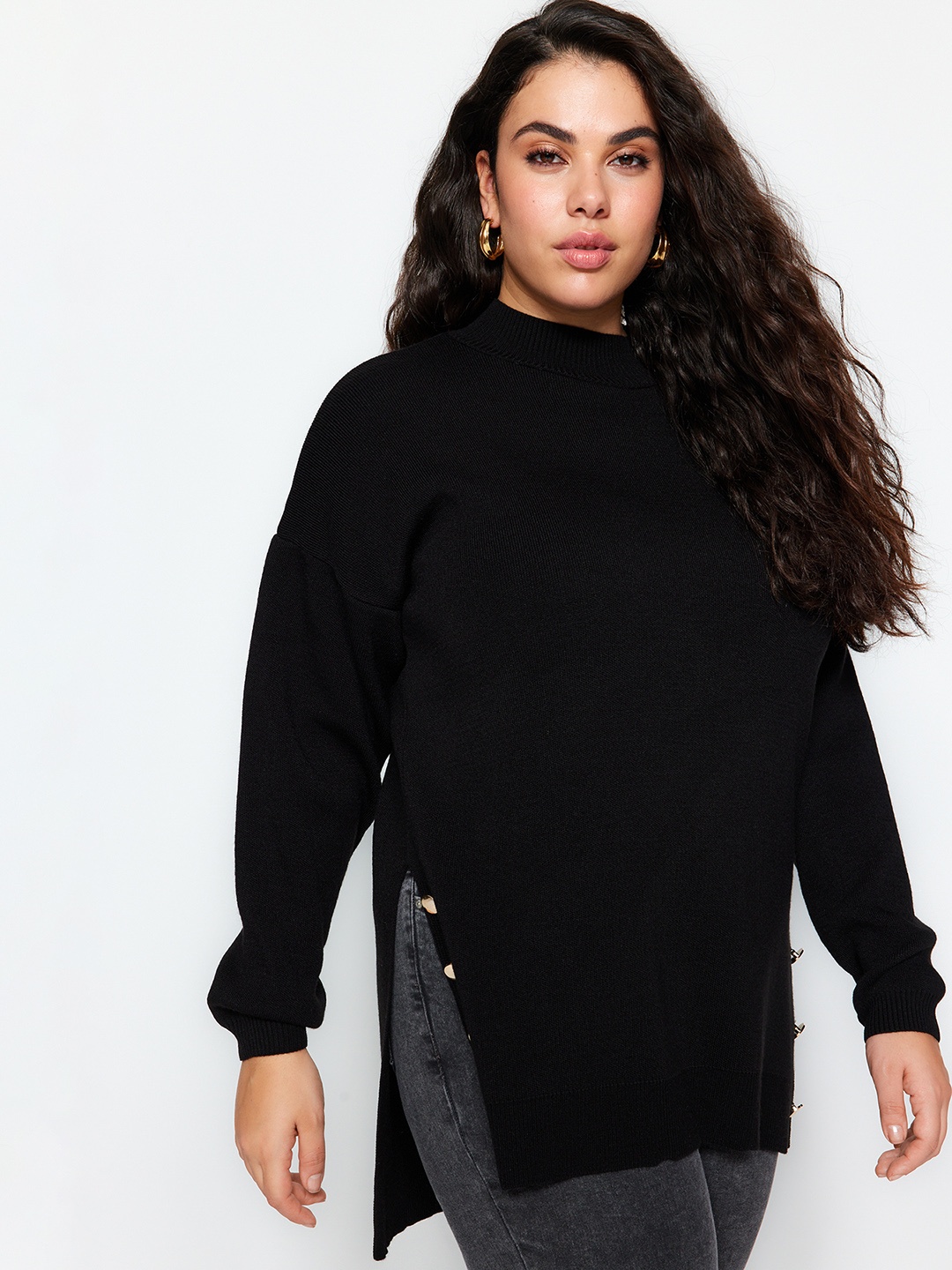 

Trendyol High Neck Acrylic Longline Pullover, Black