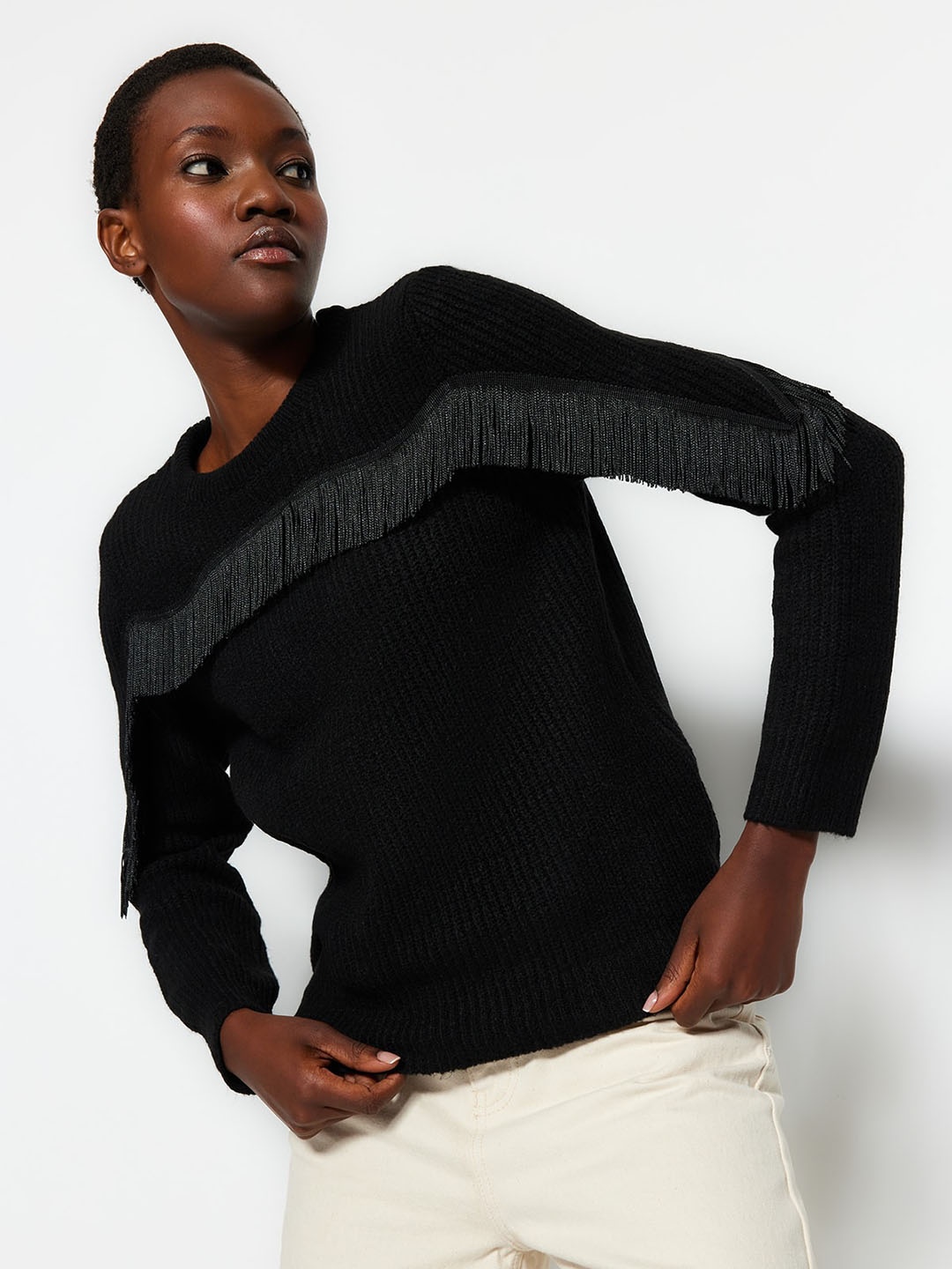 

Trendyol Round Neck Acrylic Striped Pullover, Black