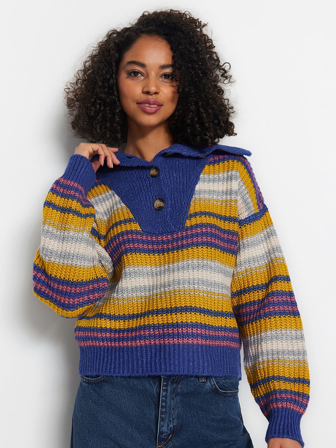 

Trendyol Striped Spread Collar Long Sleeves Pullover Sweater, Blue