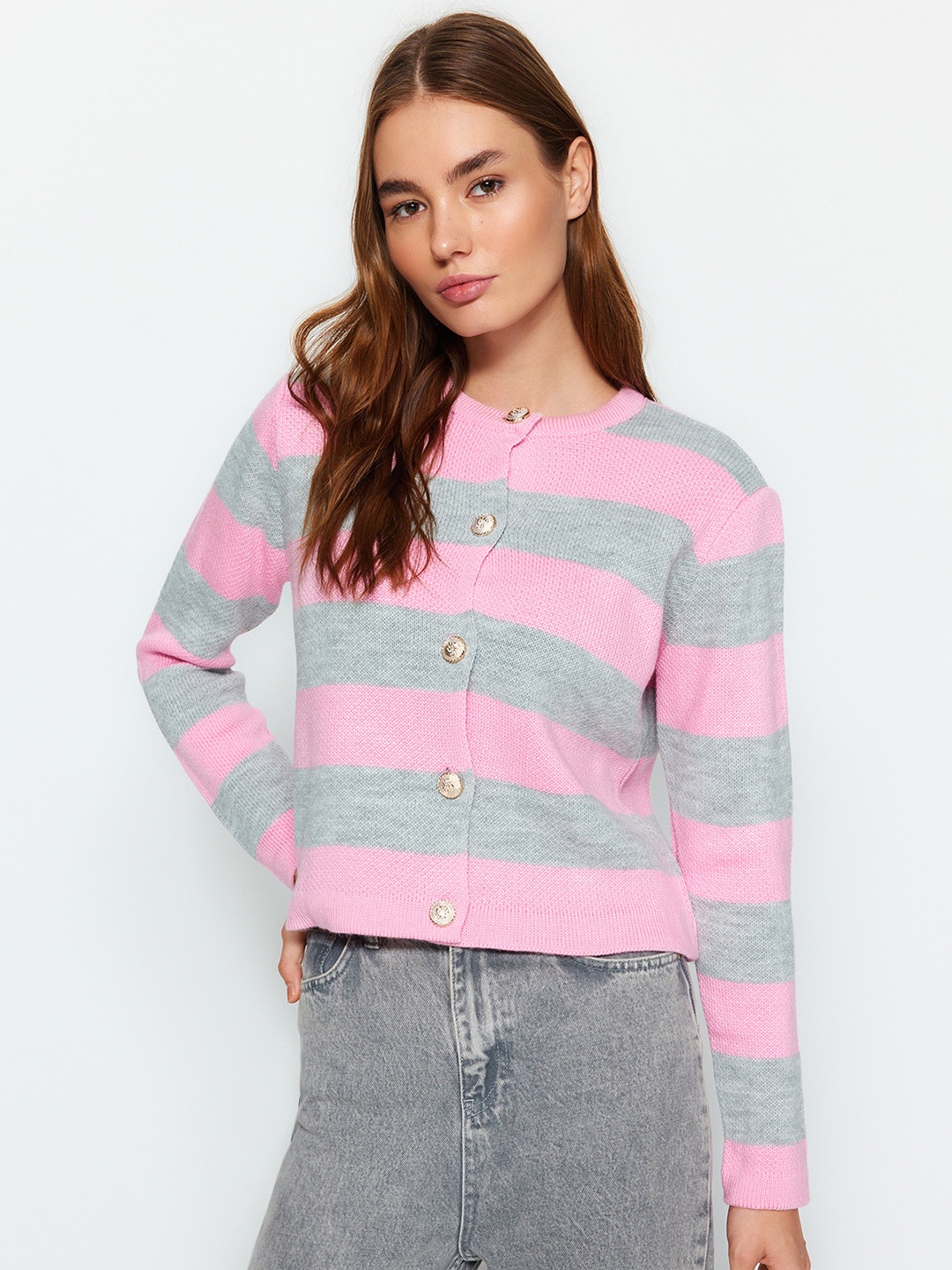 

Trendyol Striped Cardigan Acrylic Sweater, Pink