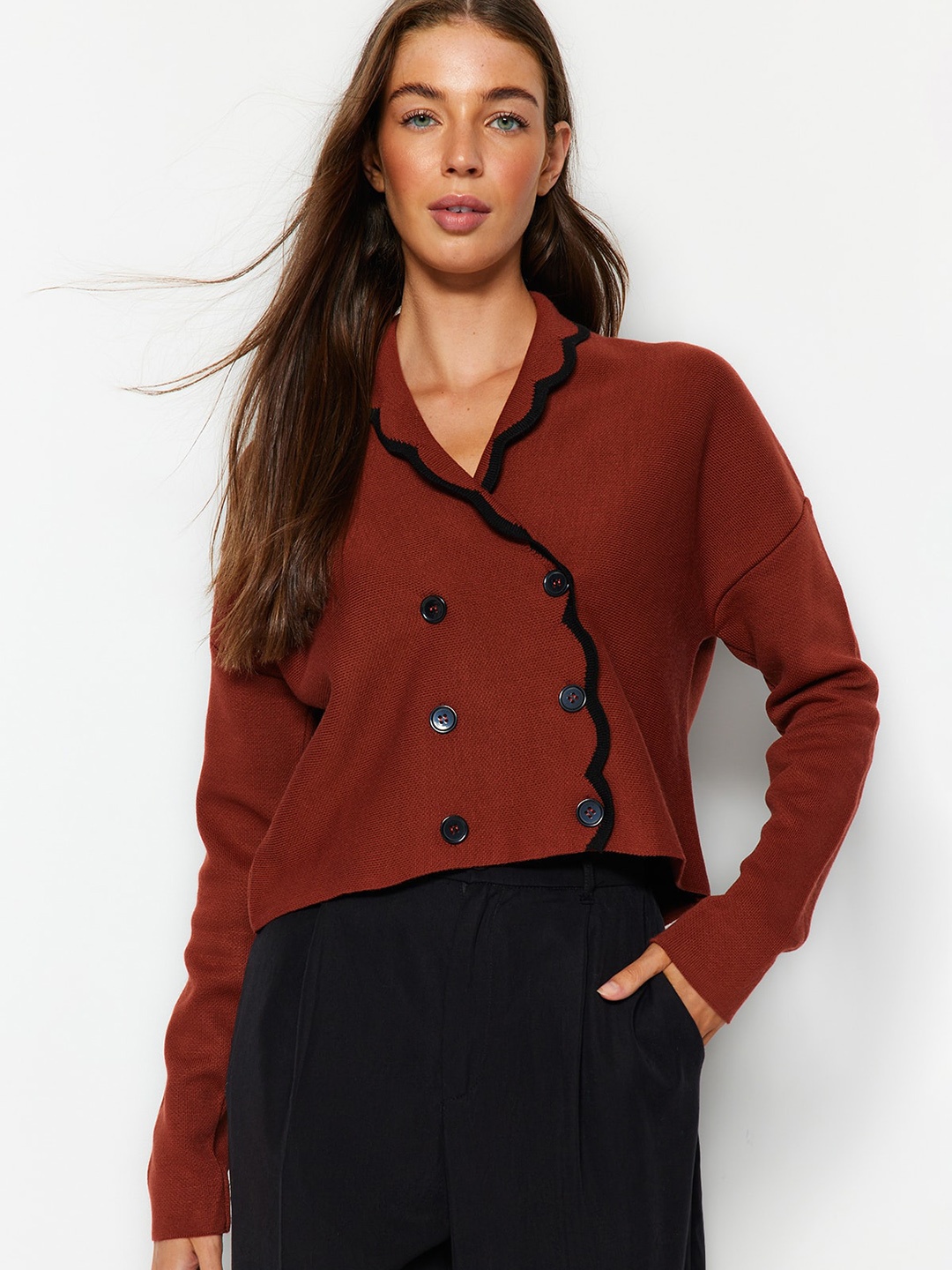 

Trendyol Lapel Collar Cardigan Acrylic Sweater, Brown