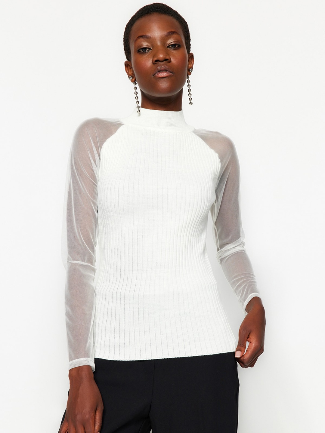 

Trendyol Striped High Neck Long Sleeves Top, White