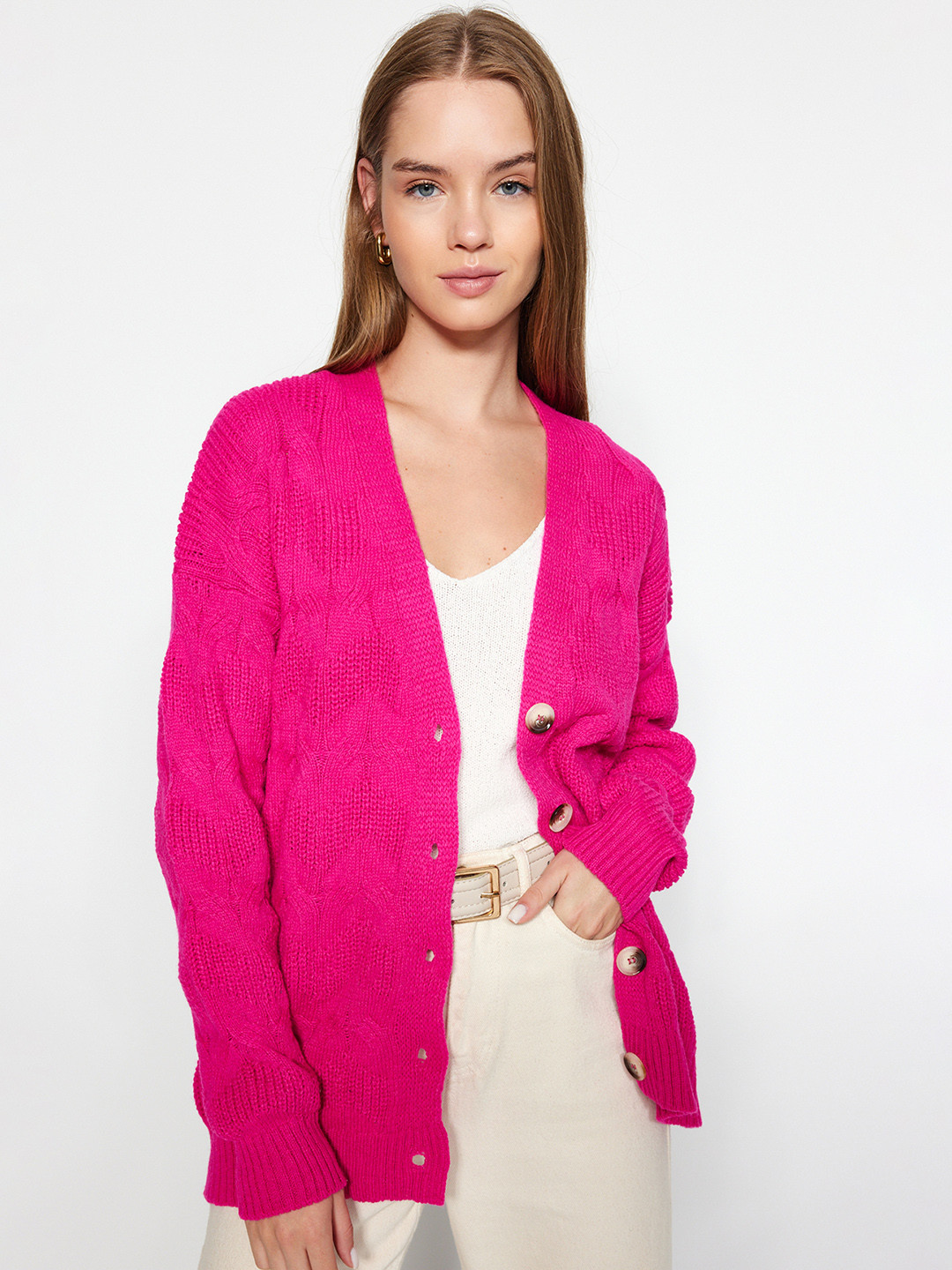 

Trendyol Cable Knit Long Sleeves Longline Cardigan Sweater, Pink