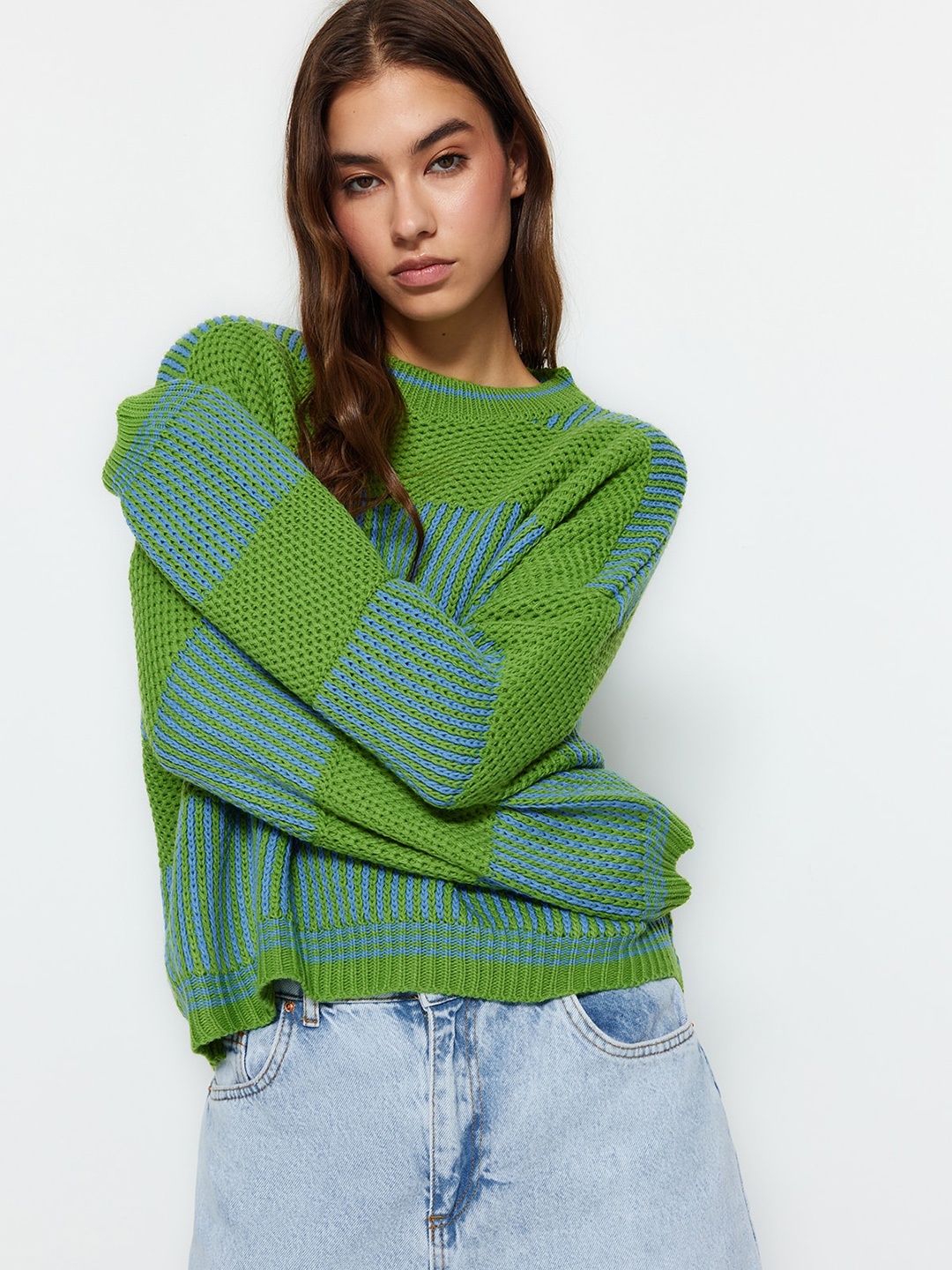 

Trendyol Open Knit Round Neck Long Sleeves Acrylic Pullover Sweater, Green