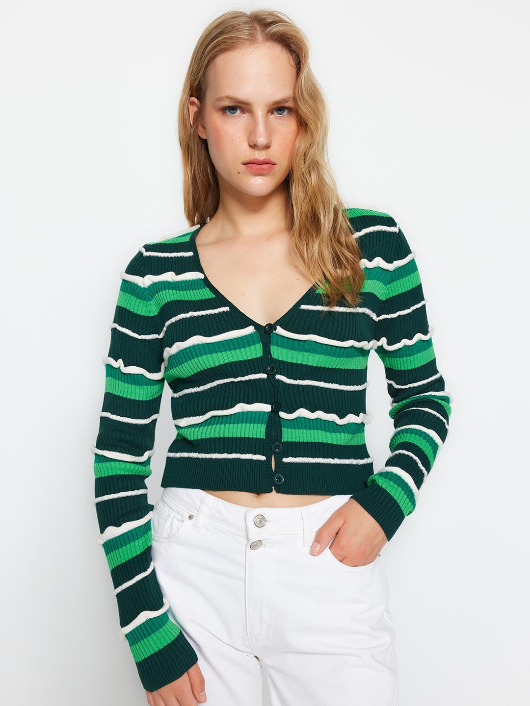 

Trendyol Striped Acrylic Crop Cardigan Sweater, Green