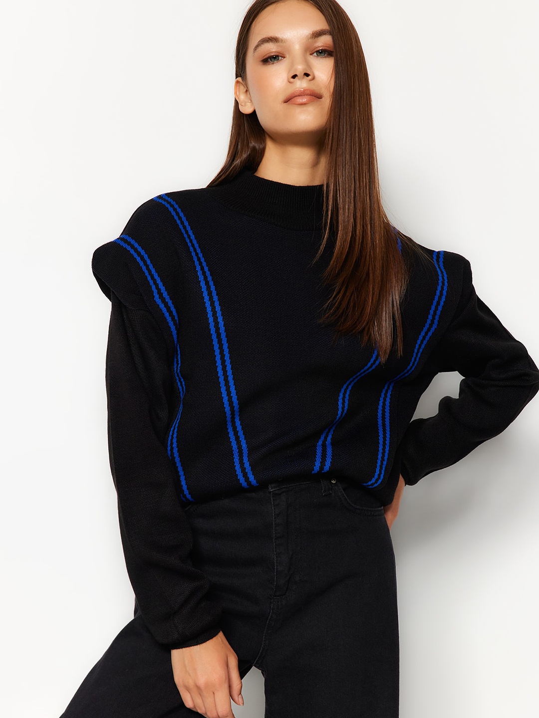 

Trendyol Striped Mock Collar Acrylic Pullover, Black