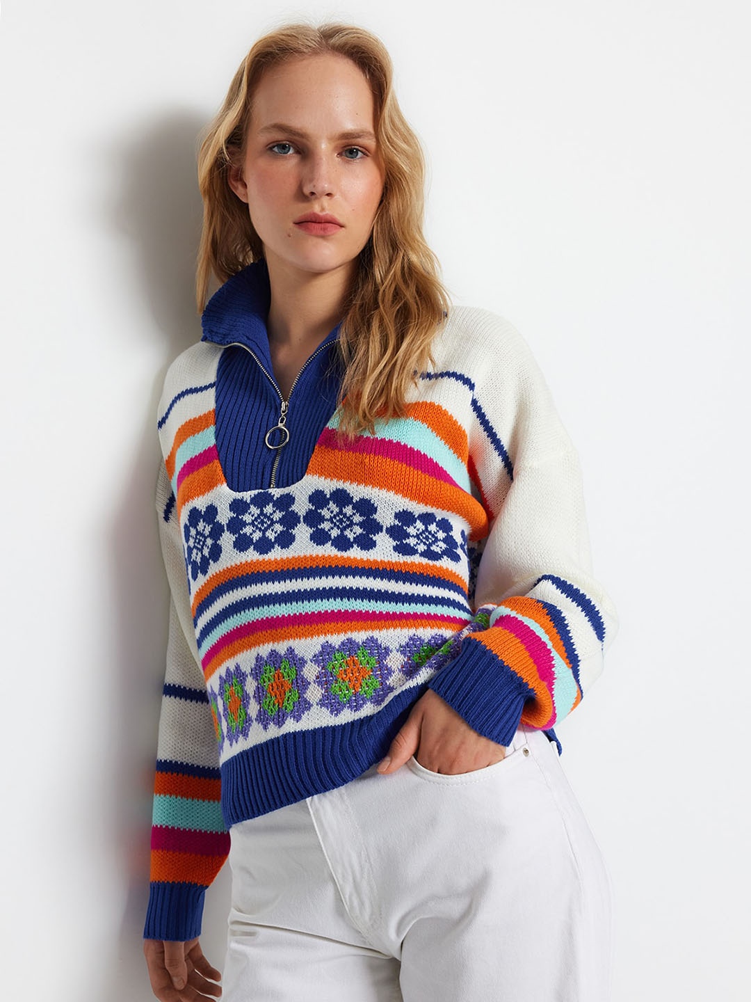 

Trendyol Striped Turtle Neck Pullover, Blue
