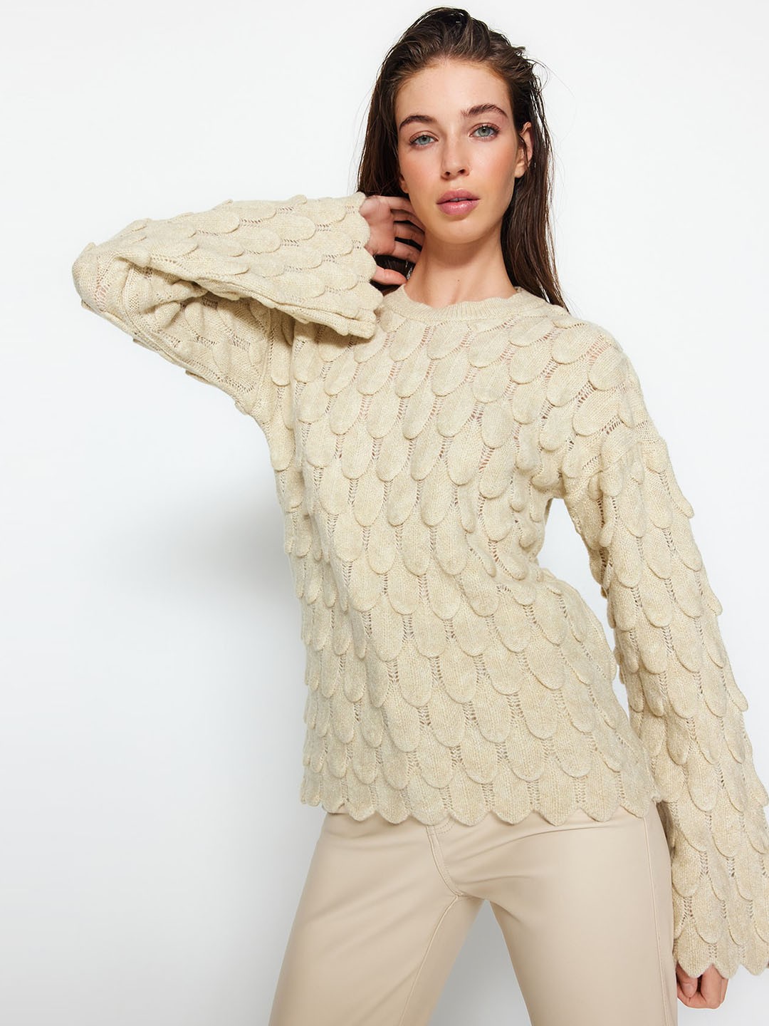 

Trendyol Open Knit Self Design Pullover, Off white