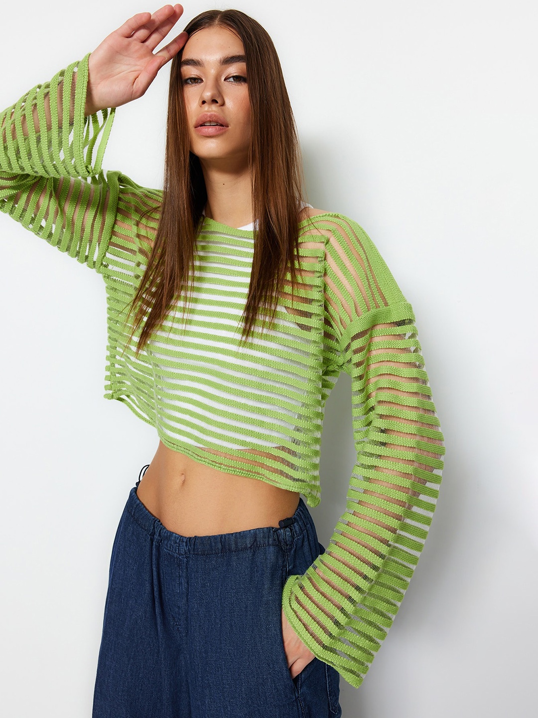 

Trendyol Vertical Striped Crop Top, Green