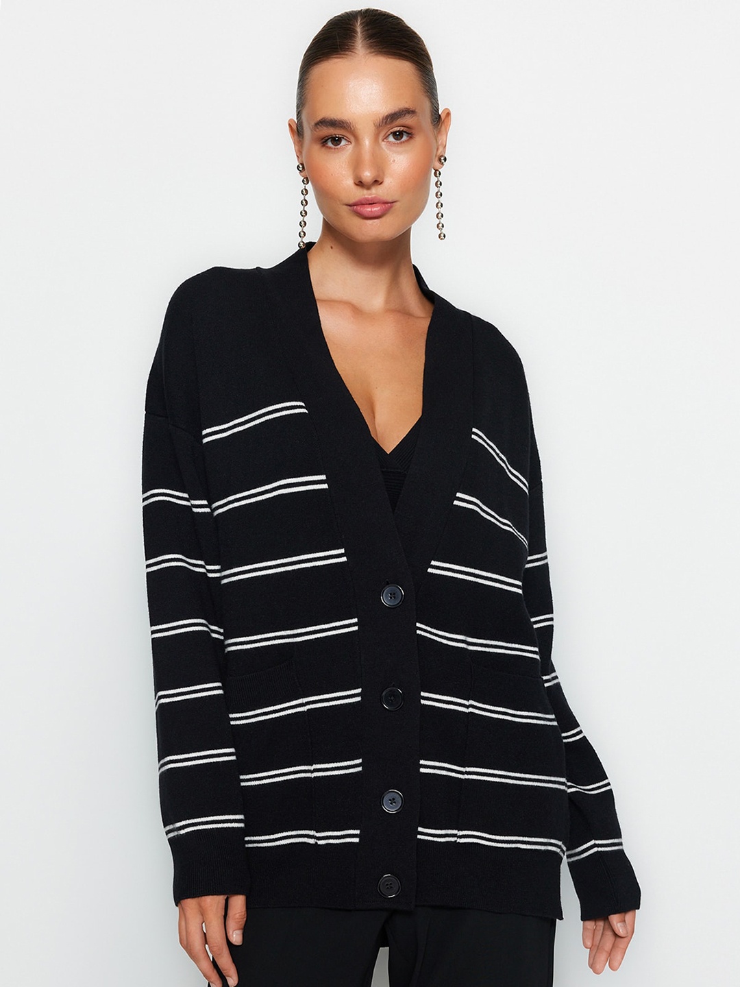 

Trendyol Striped V-Neck Cardigan Sweater, Black