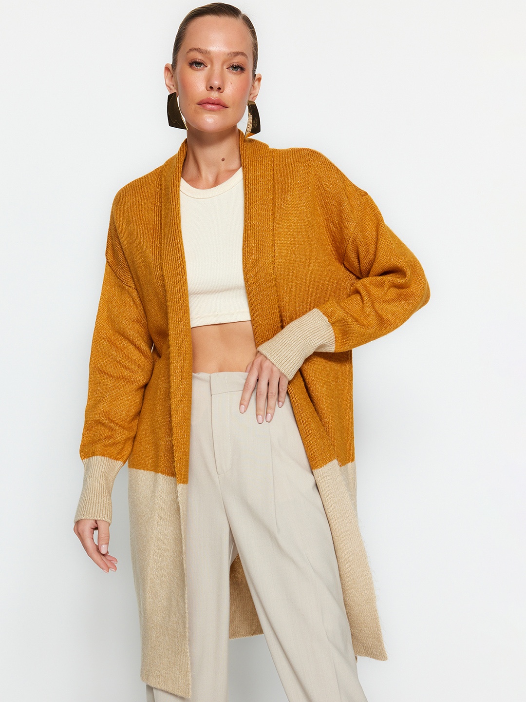 

Trendyol Colourblocked Shawl Collar Long Sleeves Longline Sweater, Mustard