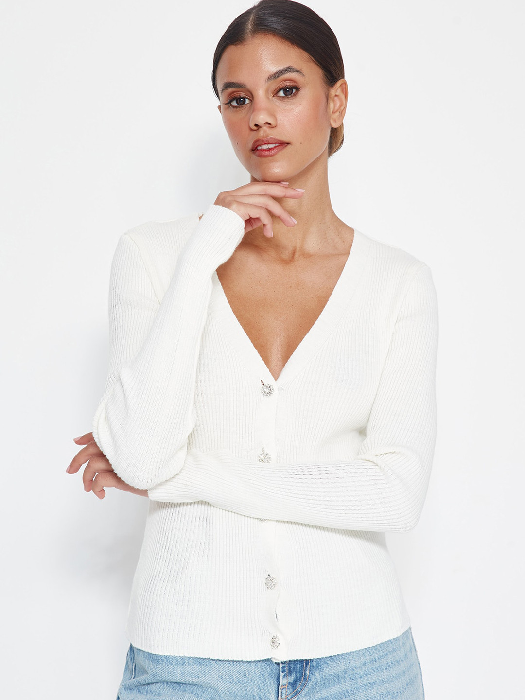 

Trendyol Ribbed V-Neck Cardigan, White