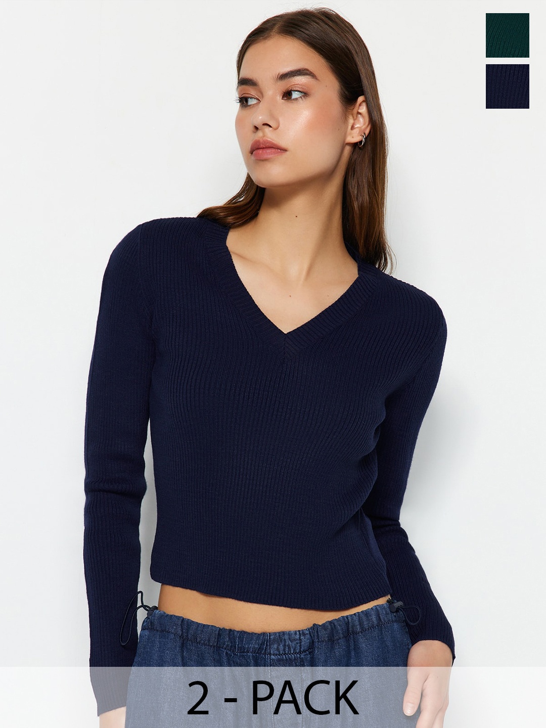 

Trendyol Pack Of 2 Ribbed Crop Acrylic Pullover Sweater, Green