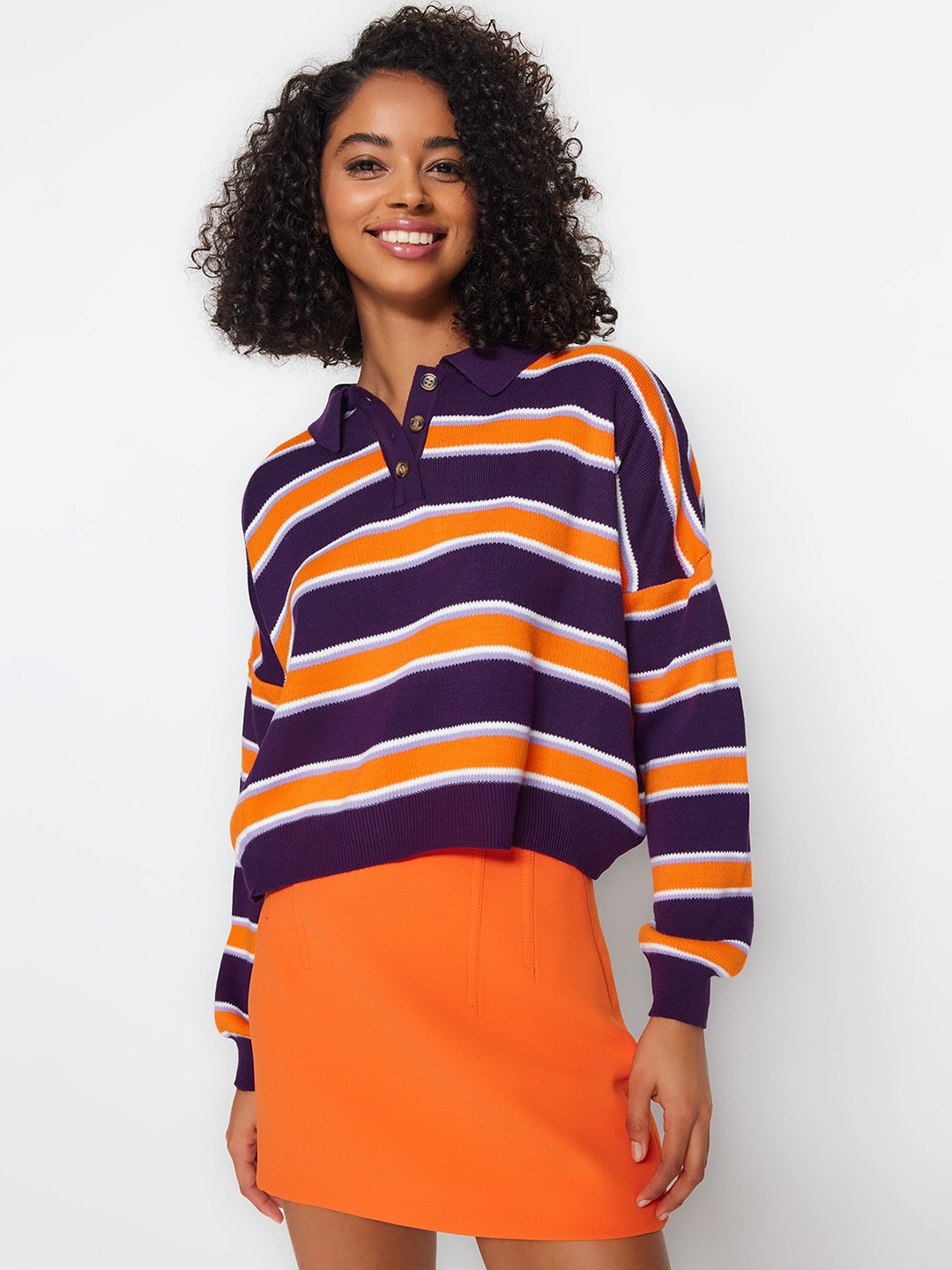 

Trendyol Striped Shirt Collar Acrylic Pullover Sweater, Orange