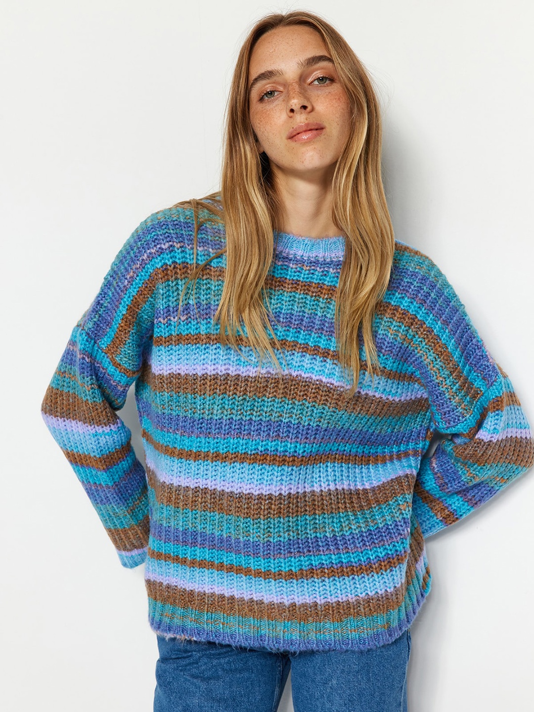 

Trendyol Striped Long Sleeves Longline Pullover Sweater, Blue