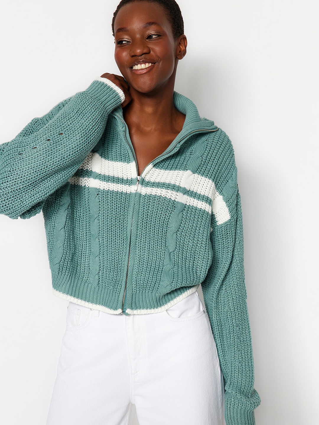 

Trendyol Striped Spread Collar Long Sleeves Acrylic Cardigan Sweater, Green