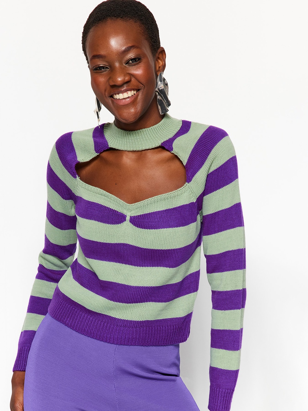 

Trendyol Striped Acrylic Pullover Sweater, Green