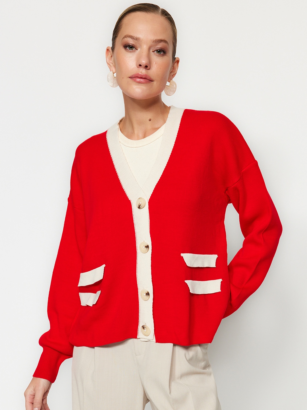 

Trendyol V-Neck Acrylic Cardigan, Red