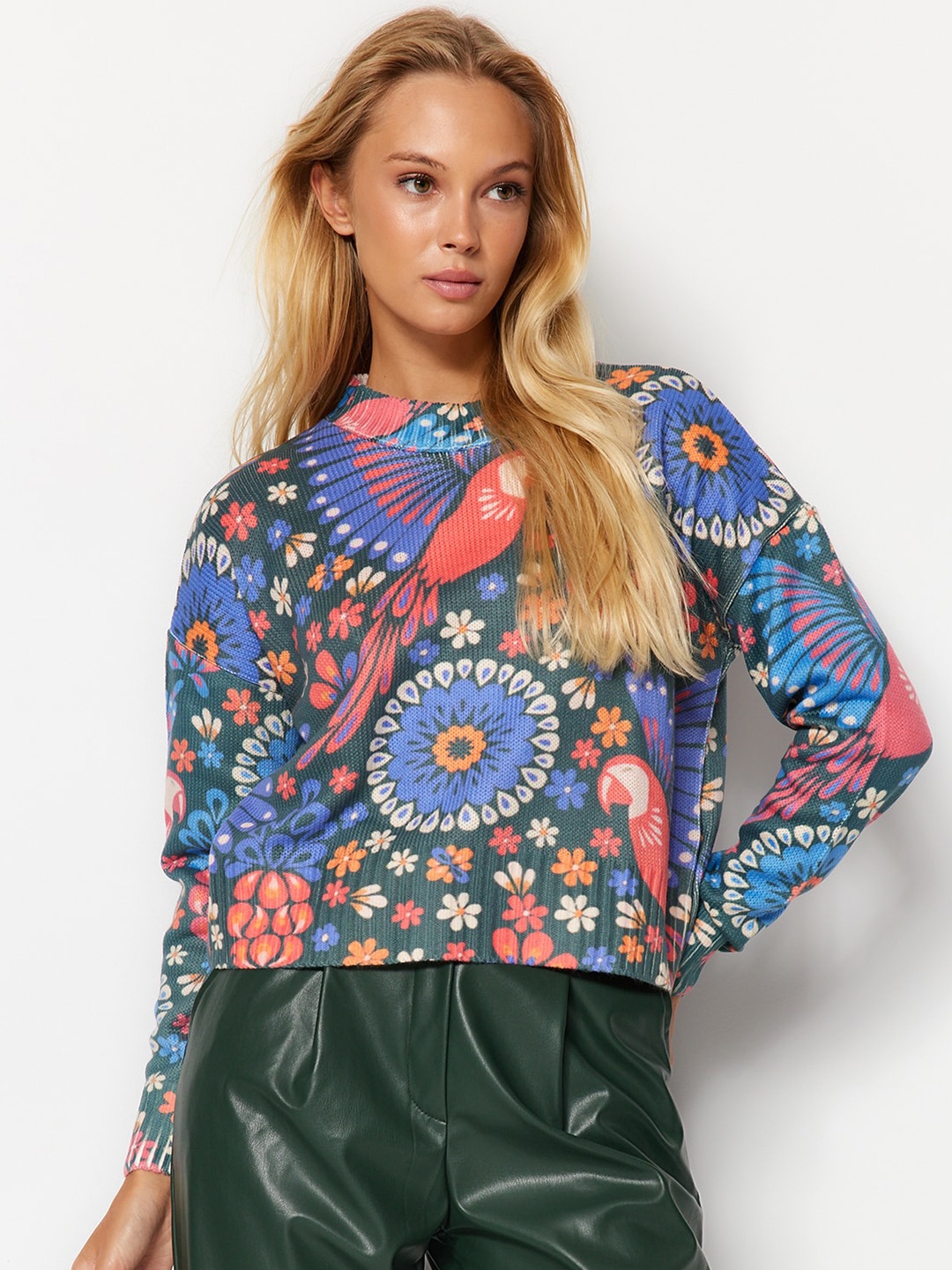 

Trendyol Floral Printed Pullover Acrylic Sweater, Blue