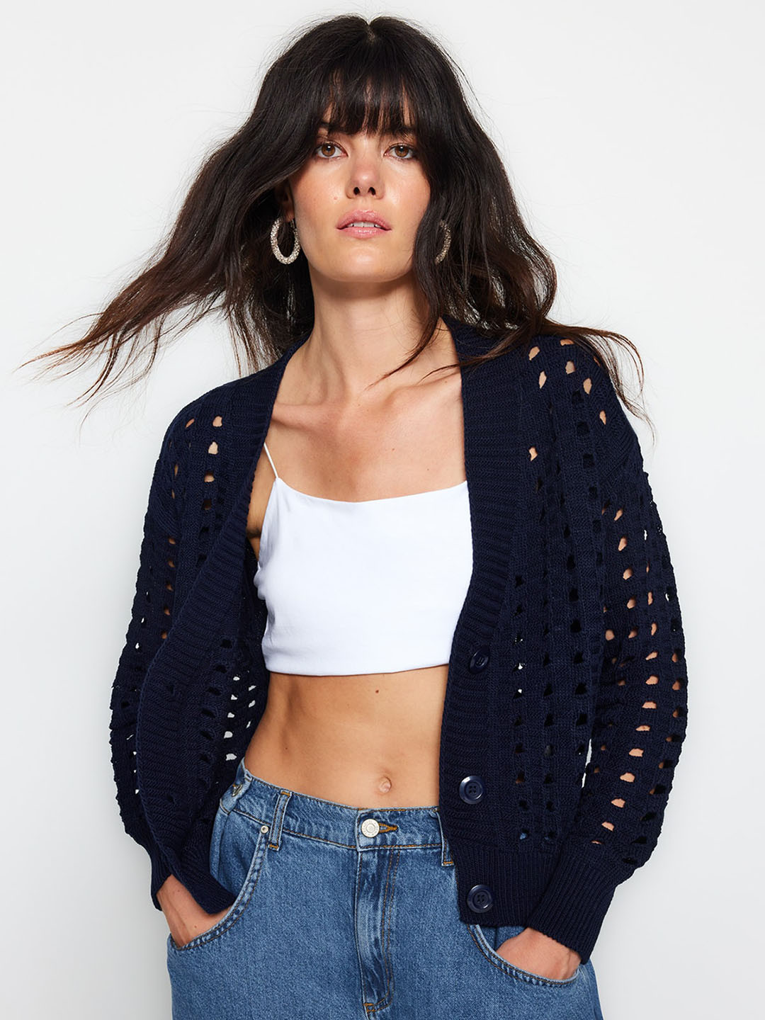 

Trendyol Open Knit V-Neck Long Sleeves Acrylic Cardigan Sweater, Blue