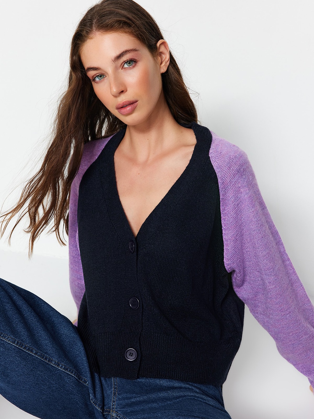 

Trendyol Colourblocked Cardigan Sweater, Navy blue