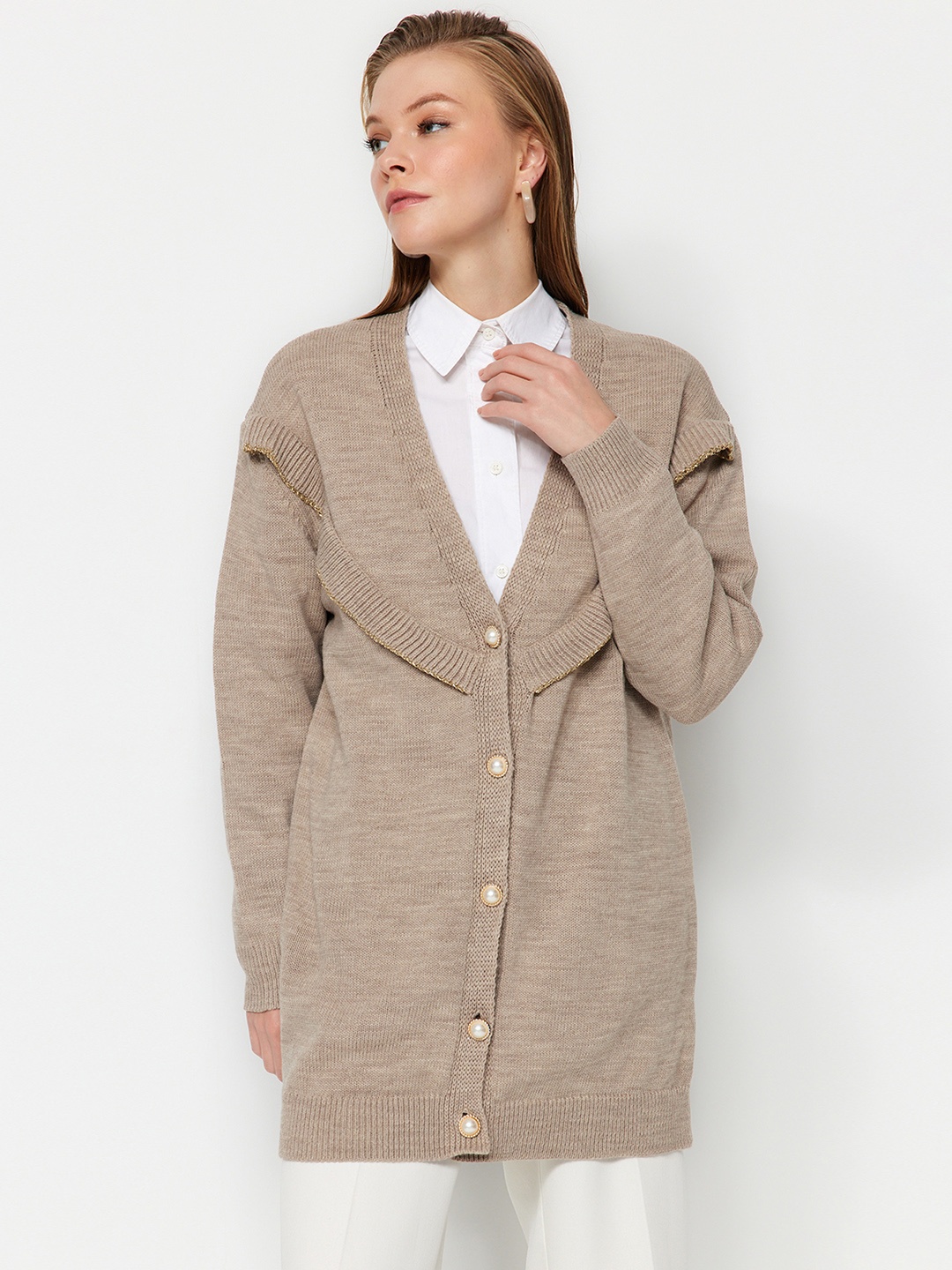 

Trendyol V-Neck Acrylic Cardigan, Beige
