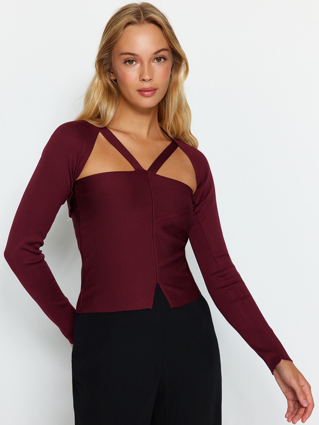 

Trendyol V-Neck Long Sleeves Crop Top, Maroon