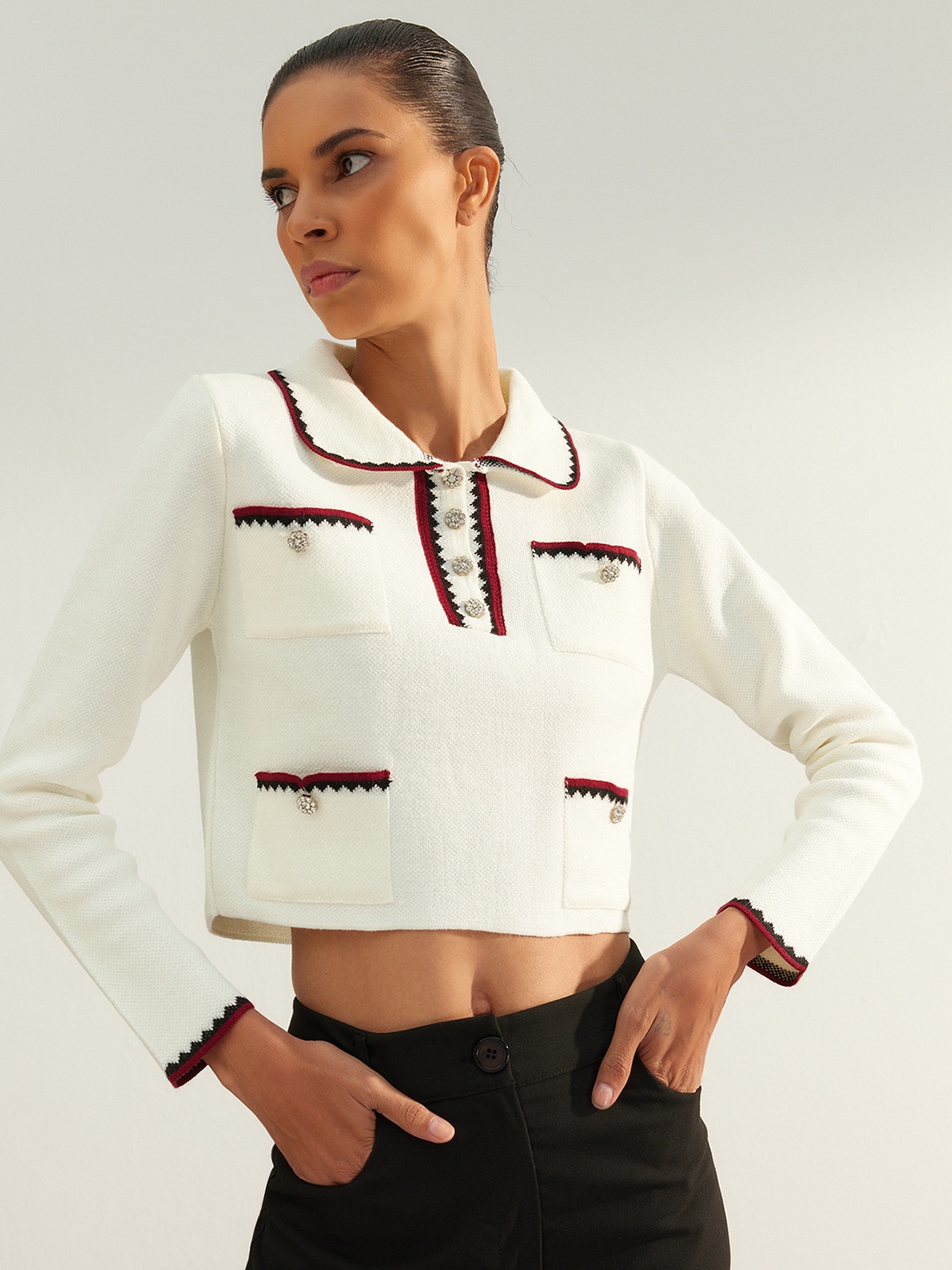 

Trendyol Studded Embellished Peter Pan Collar Acrylic Crop Top, White