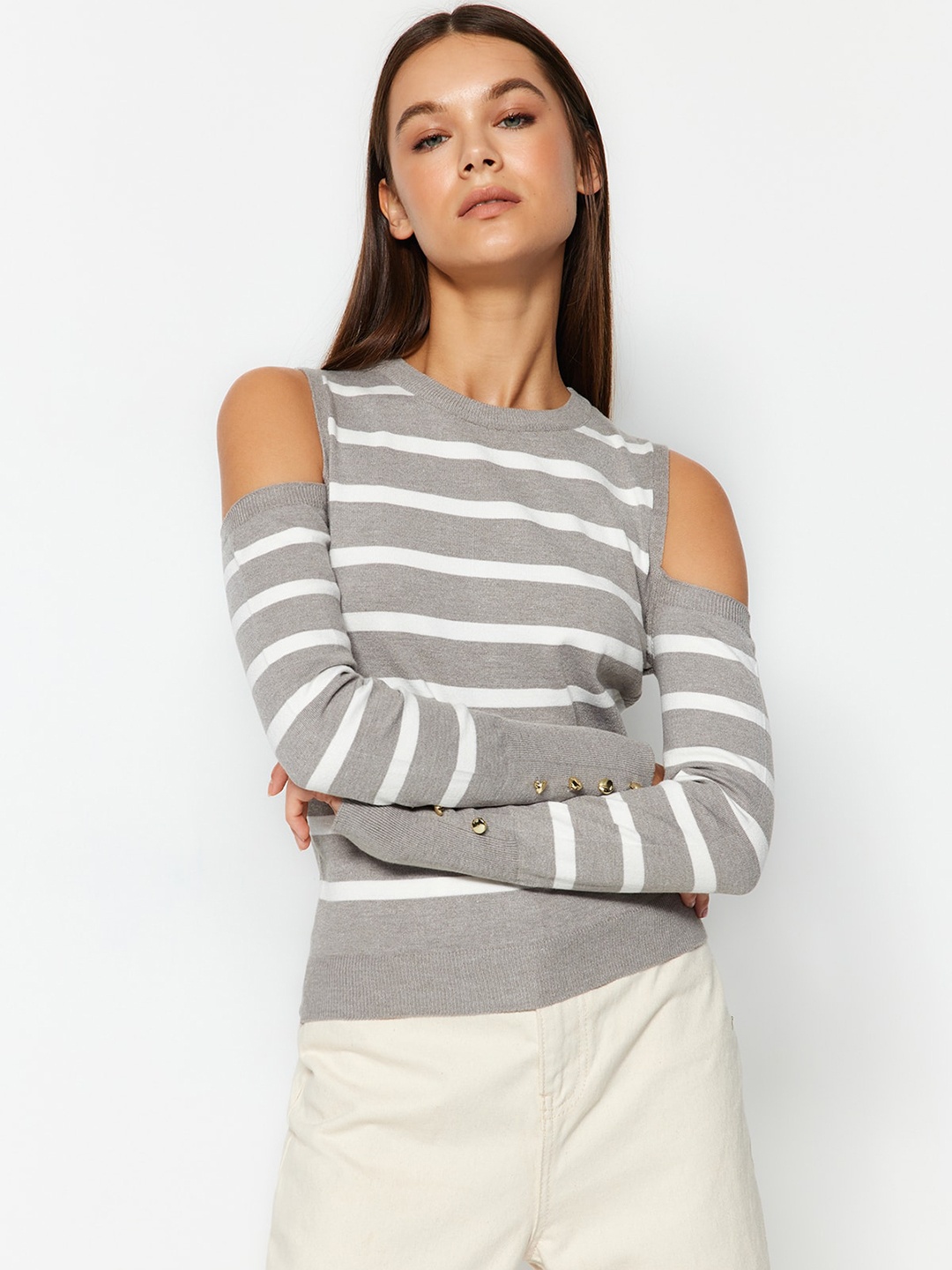 

Trendyol Cold-Shoulder Striped Pullover Sweater, Grey