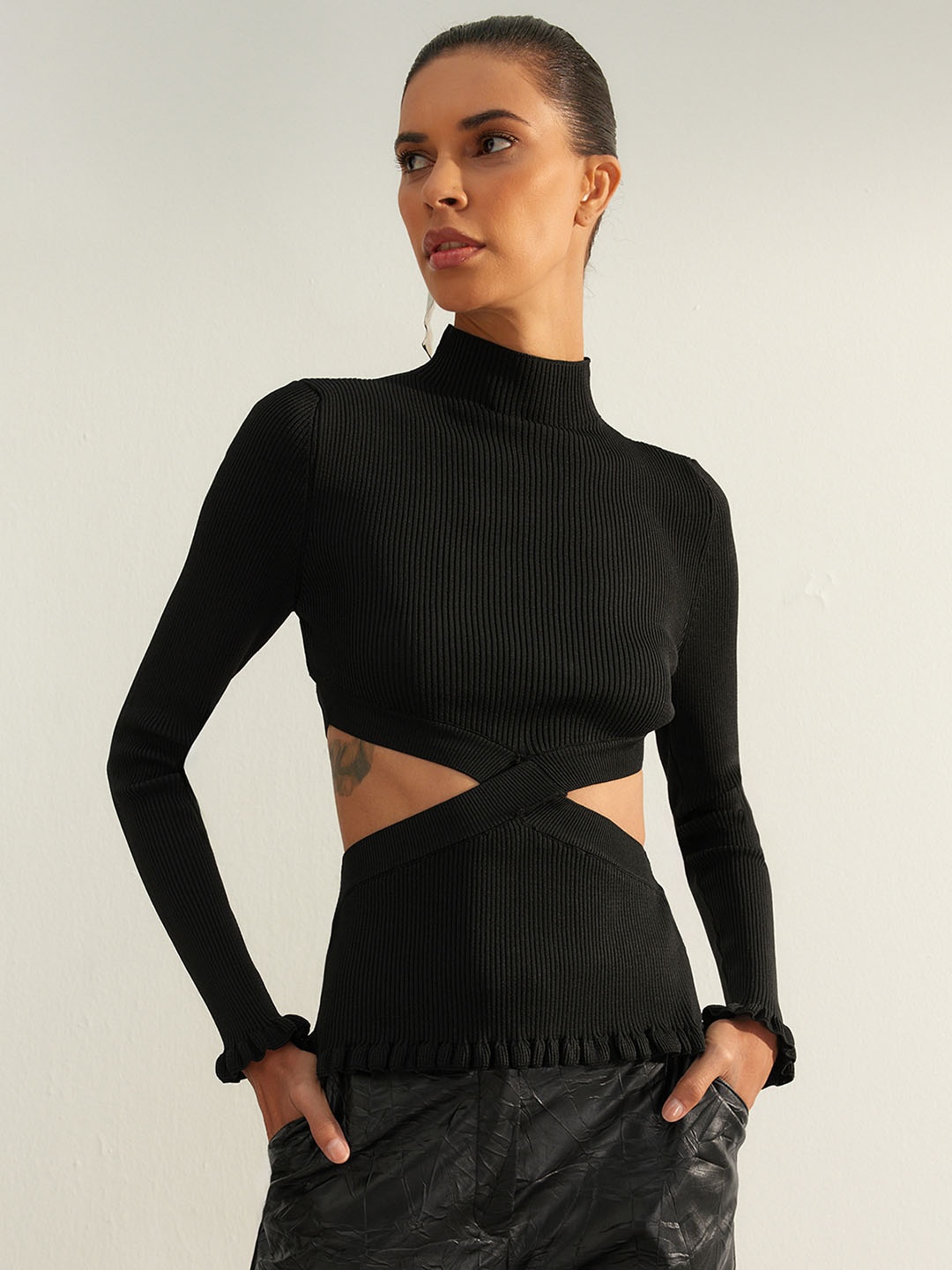 

Trendyol High Neck Long Sleeves Cut Out Crop Top, Black
