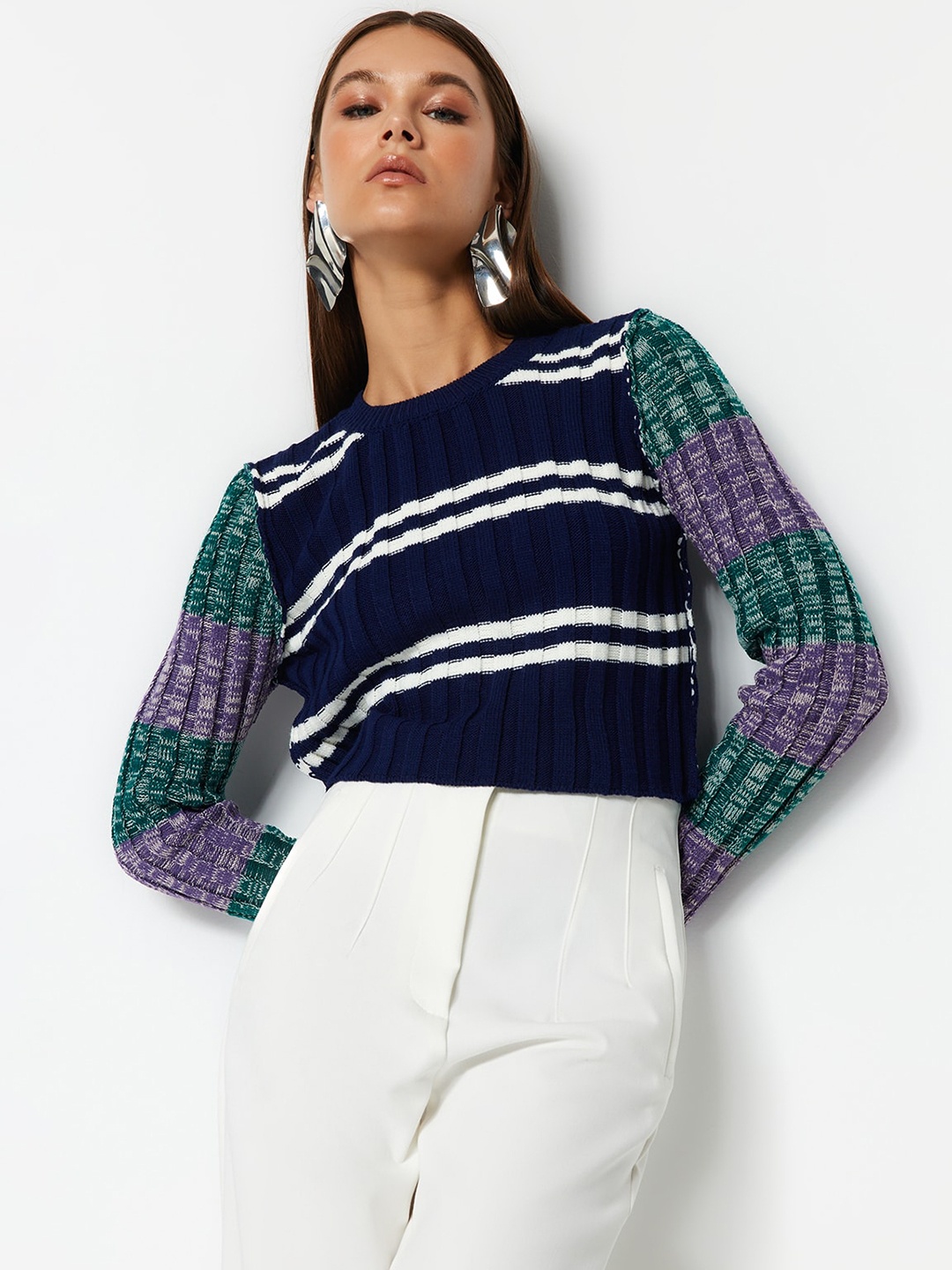

Trendyol Horizontal Striped Acrylic Pullover, Navy blue