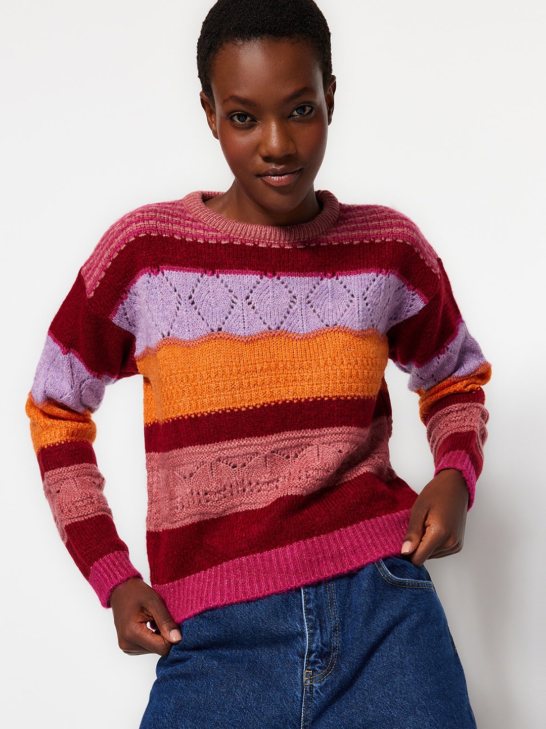 

Trendyol Cable Knit Self Design Pullover, Red