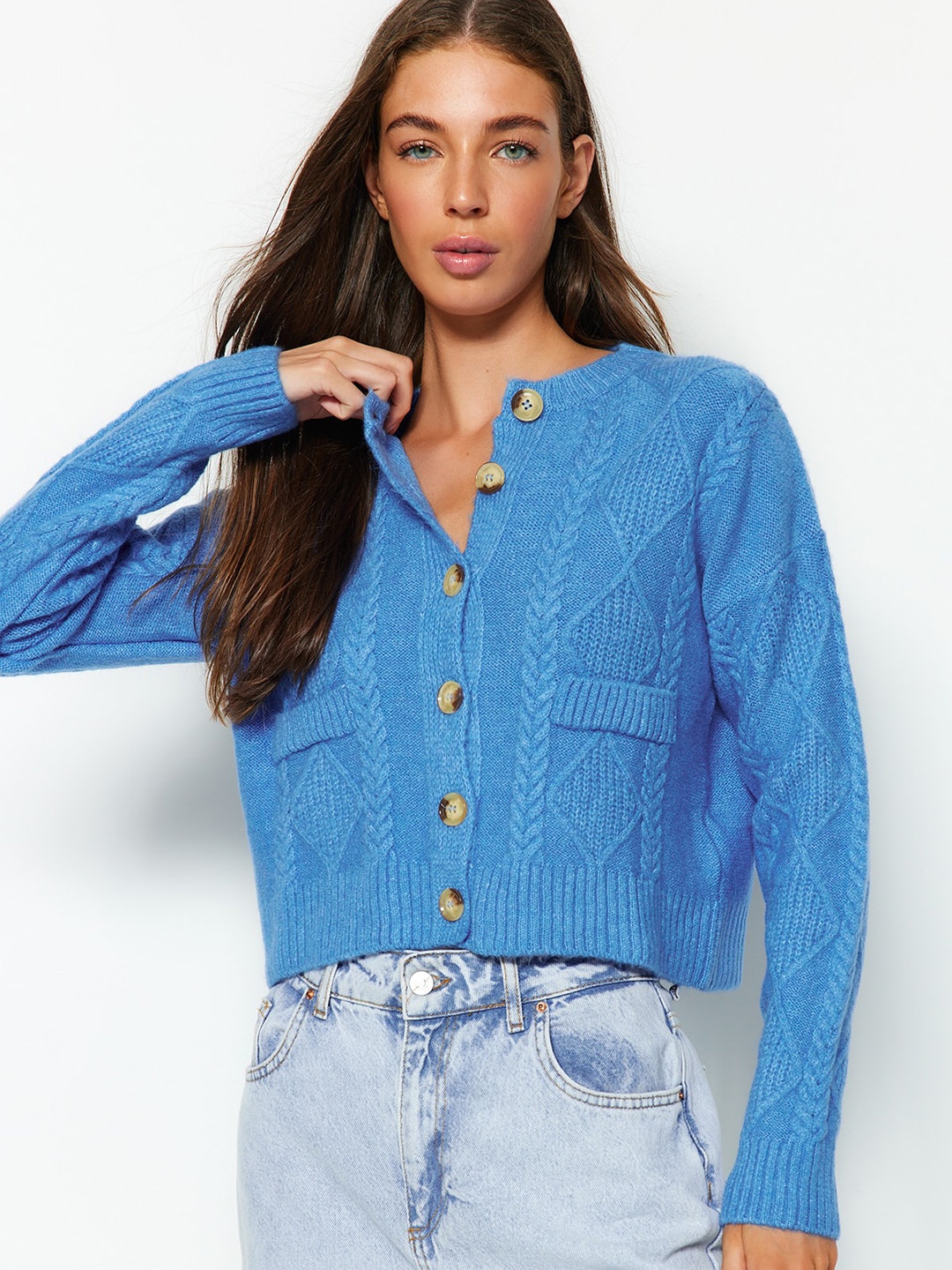 

Trendyol Cable Knit Cardigan, Blue