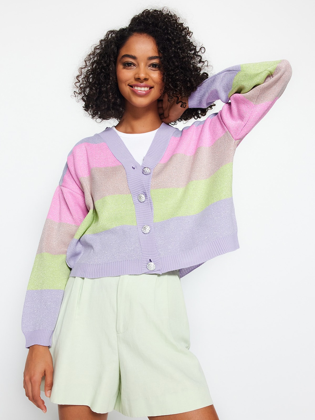 

Trendyol V-Neck Striped Acrylic Cardigan, Purple