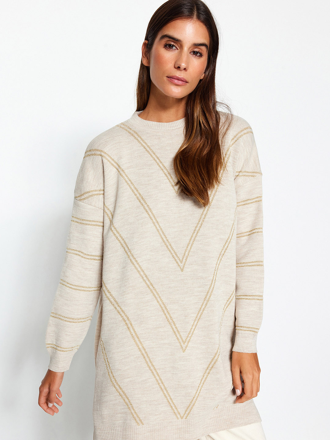 

Trendyol Striped Longline Pullover, Beige