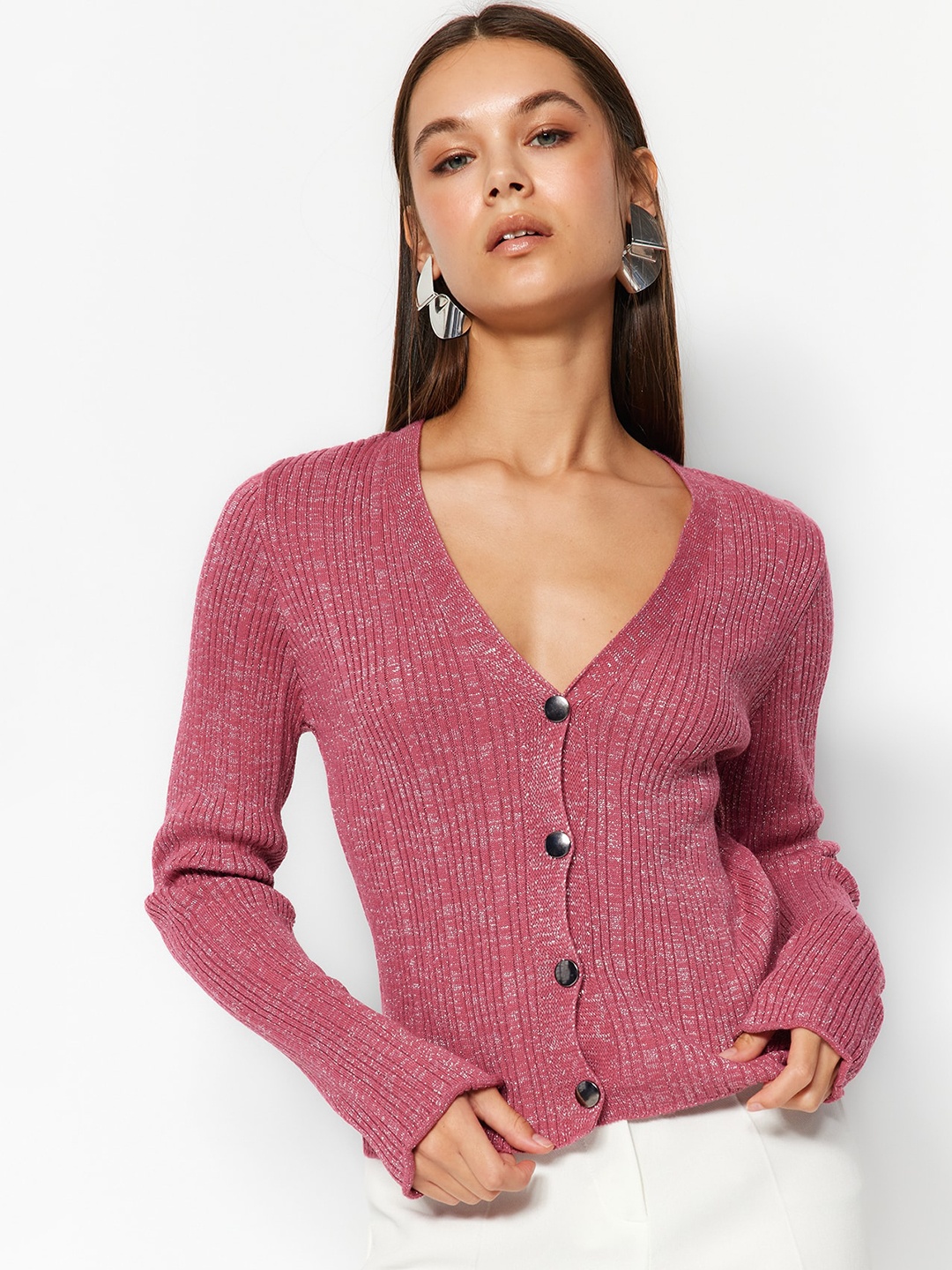 

Trendyol Ribbed Crop Cardigan Sweater, Pink