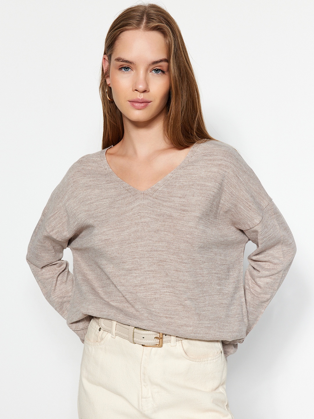 

Trendyol V-Neck Long Sleeves Acrylic Pullover Sweater, Beige