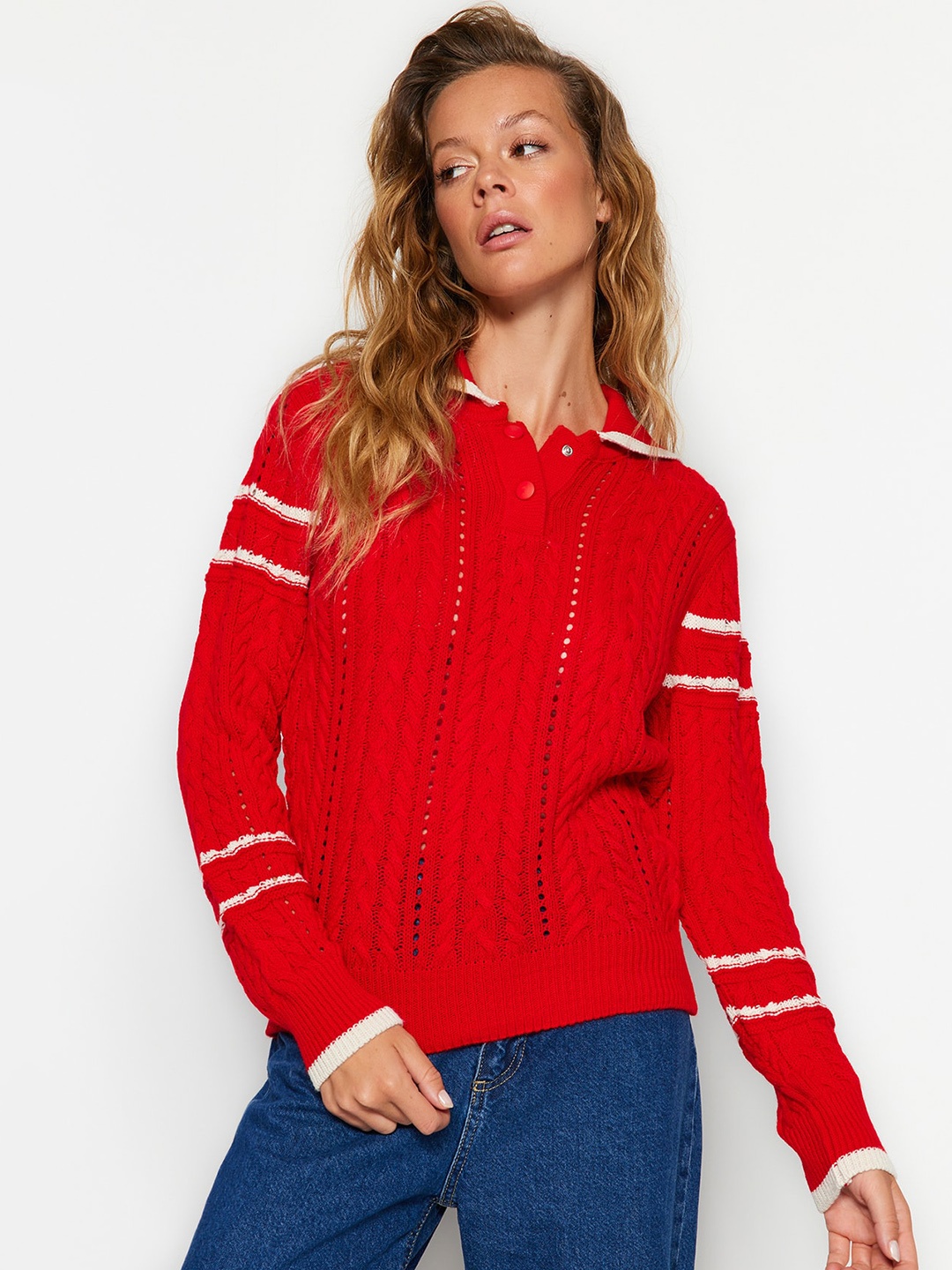 

Trendyol Cable Knit Self Design Mock Collar Pullover, Red