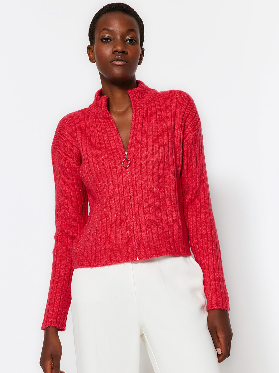 

Trendyol Mock Collar Ribbed Front-Open Sweater, Red