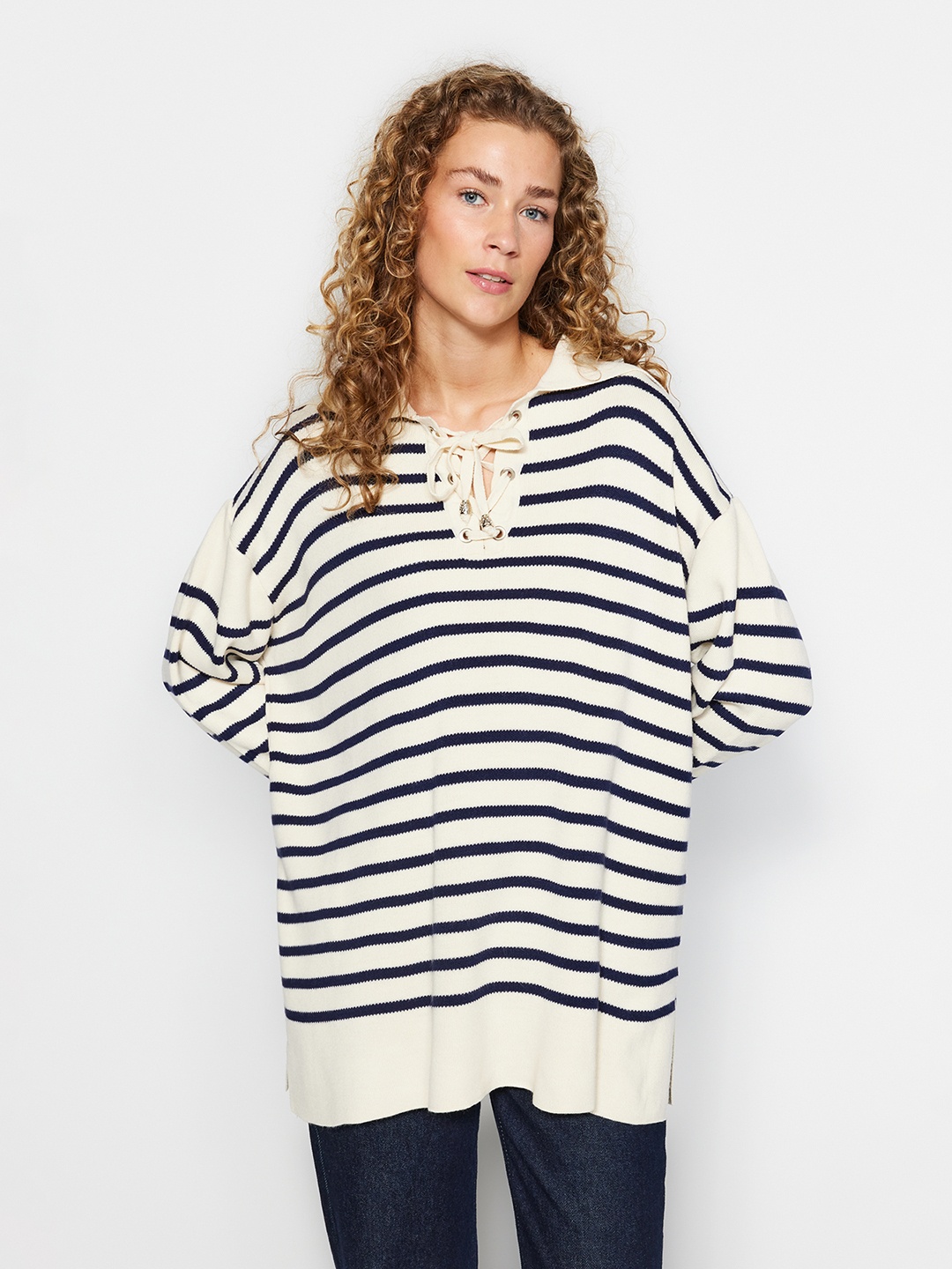 

Trendyol Striped Longline Pullover Sweater, Beige